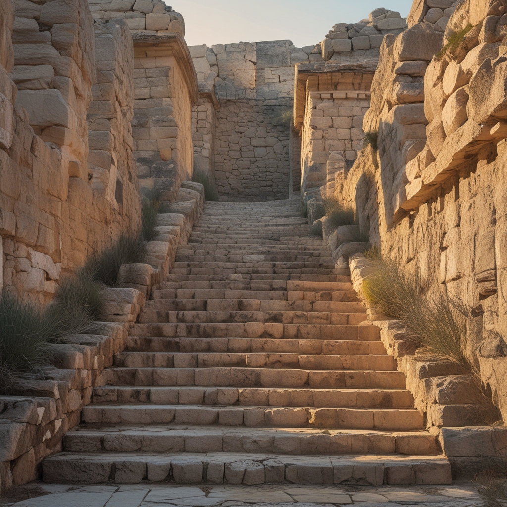 Ancient stone steps leading upward between weathered walls in warm afternoon light, evoking the progressive journey of accumulated human knowledge and historical depth