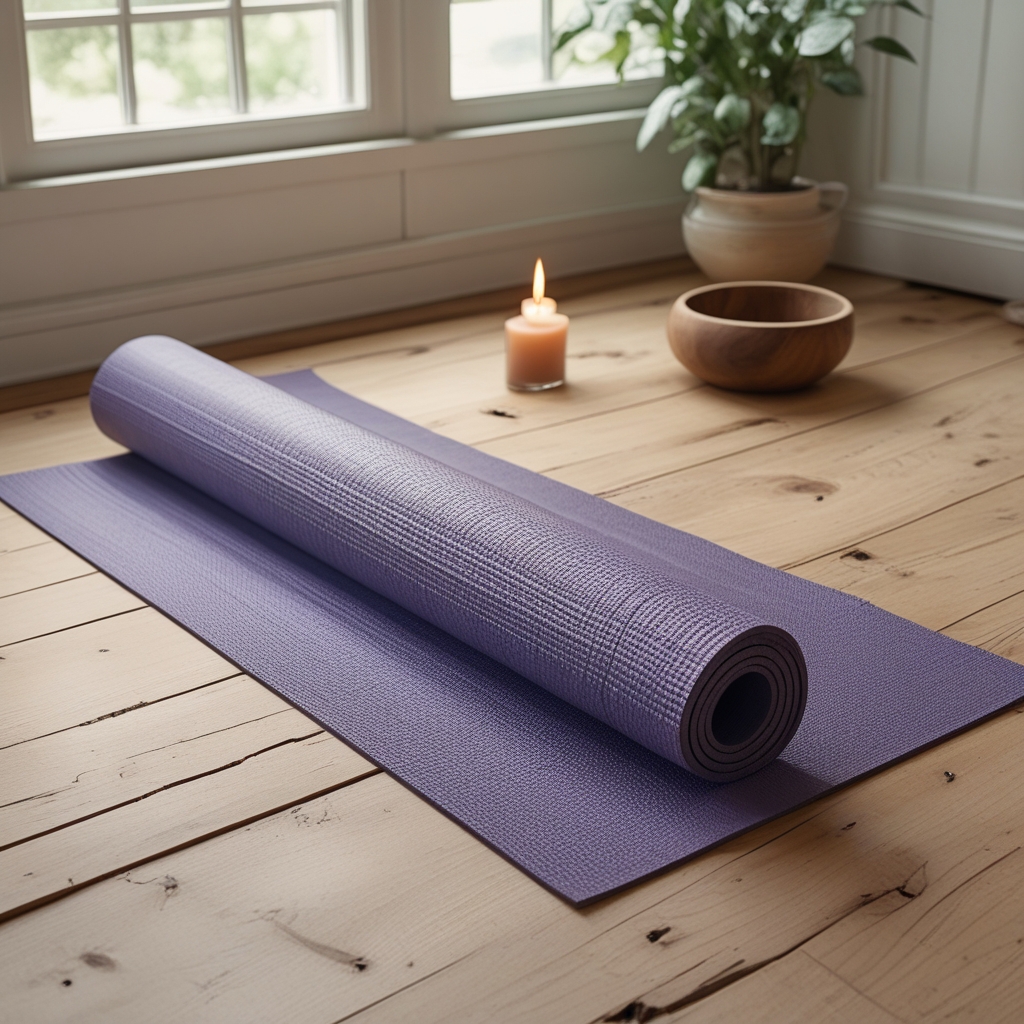 Single yoga mat rolled out on a wooden floor near a window with natural light, with a small candle and wooden bowl nearby, evoking mindfulness and calm preparation